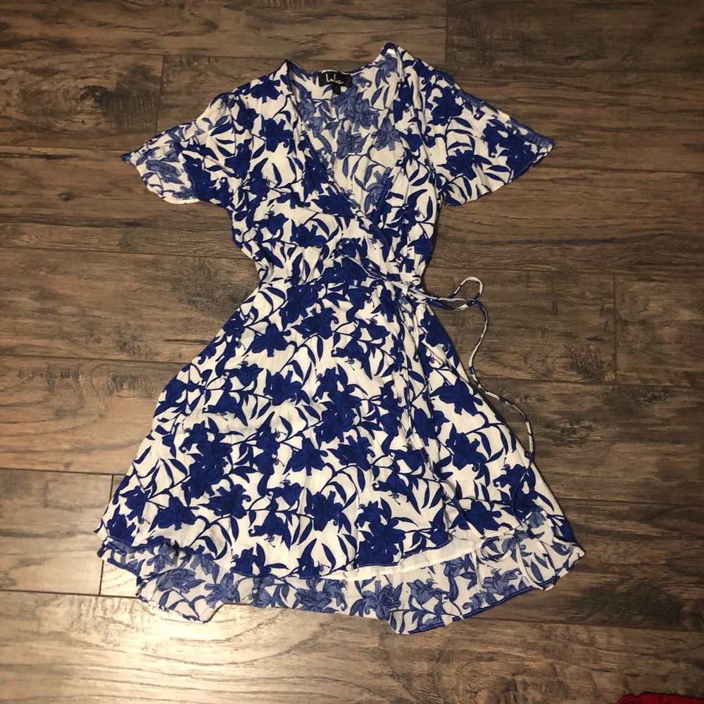 Blue and White Floral Wrap Dress - Picture 2 of 5